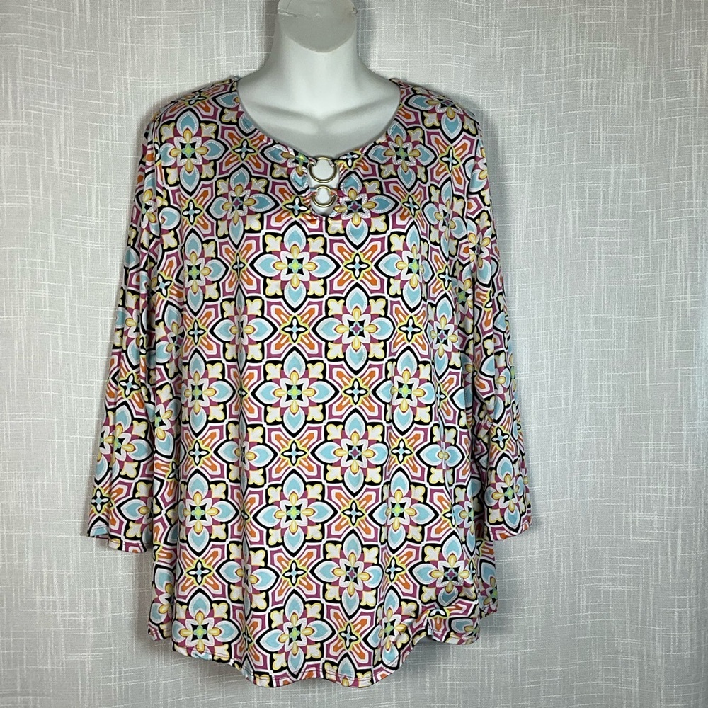 Ruby Rd. Blouse Size 2X Multicolor Geometric Print  3/4 Sleeves
